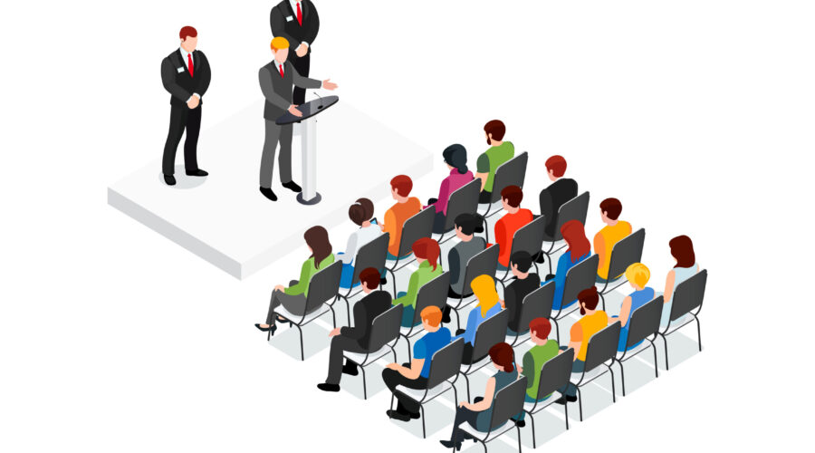Party meeting isometric design concept with politician and his security speaking in front of audience vector illustration